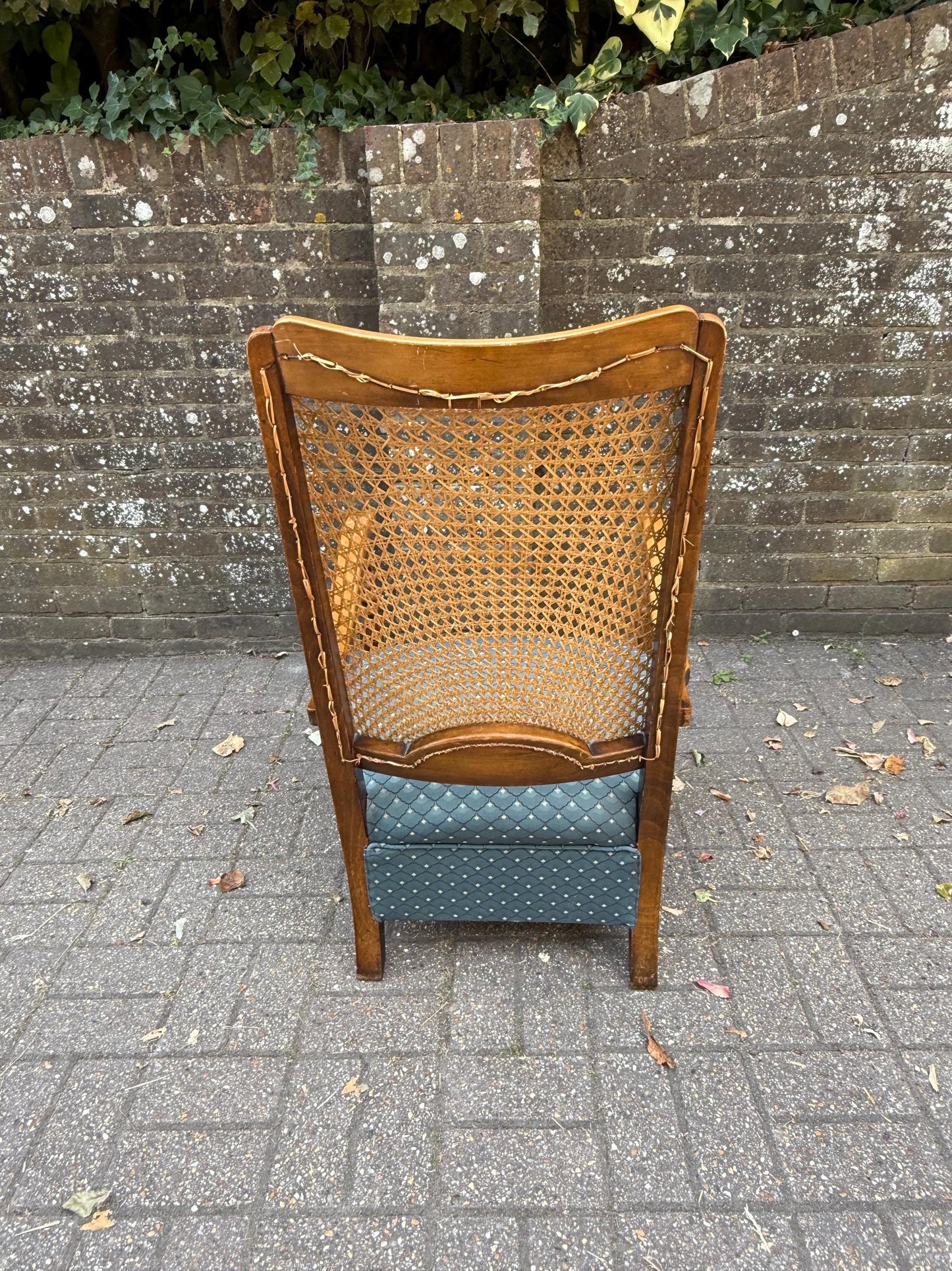 Vintage Early 1900s Cane Back Armchair with Turned Wood Arms & (more recent) Blue Upholstery – Mid-Century Revival, gorgeous oak armchair