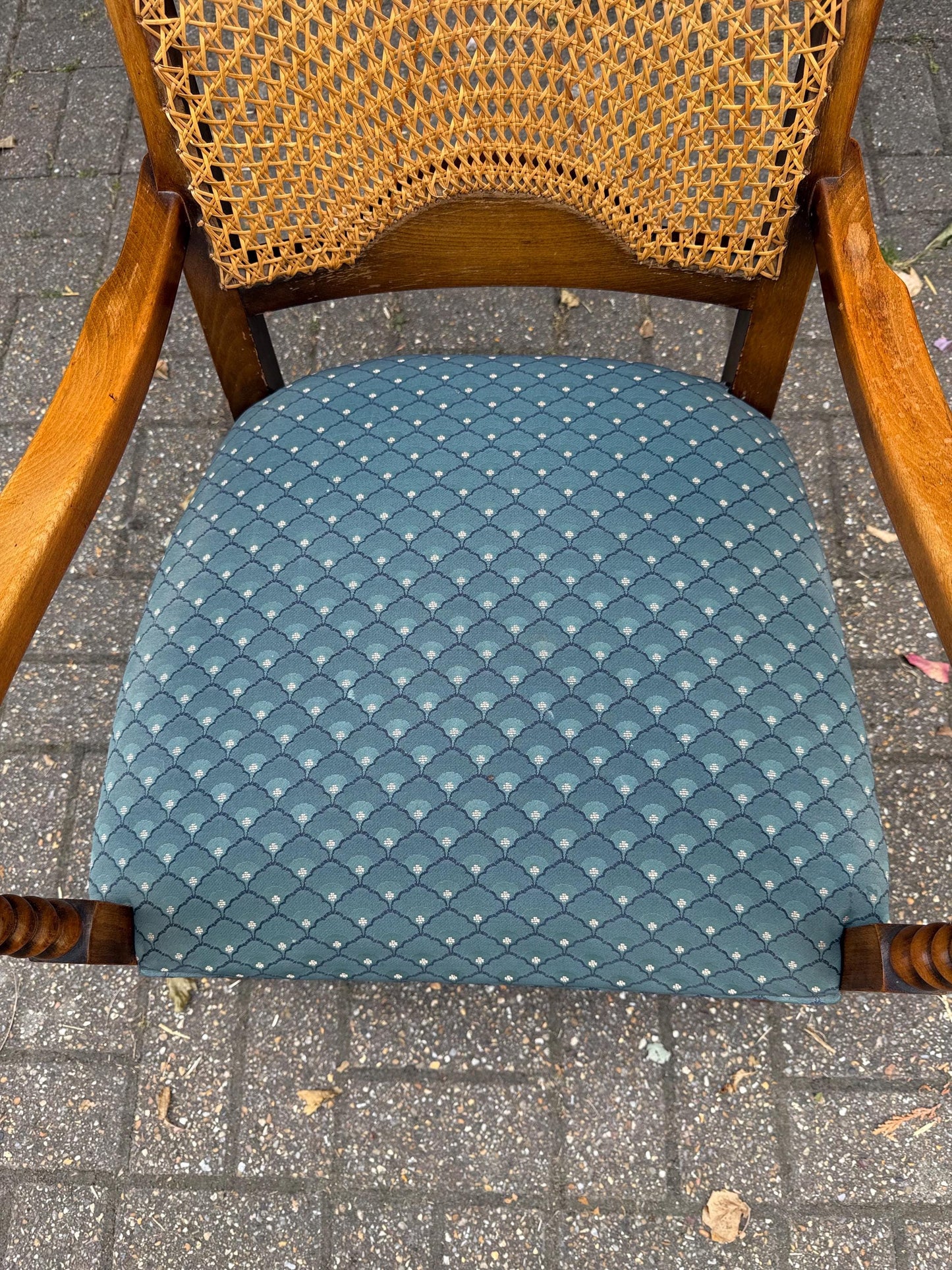 Vintage Early 1900s Cane Back Armchair with Turned Wood Arms & (more recent) Blue Upholstery – Mid-Century Revival, gorgeous oak armchair
