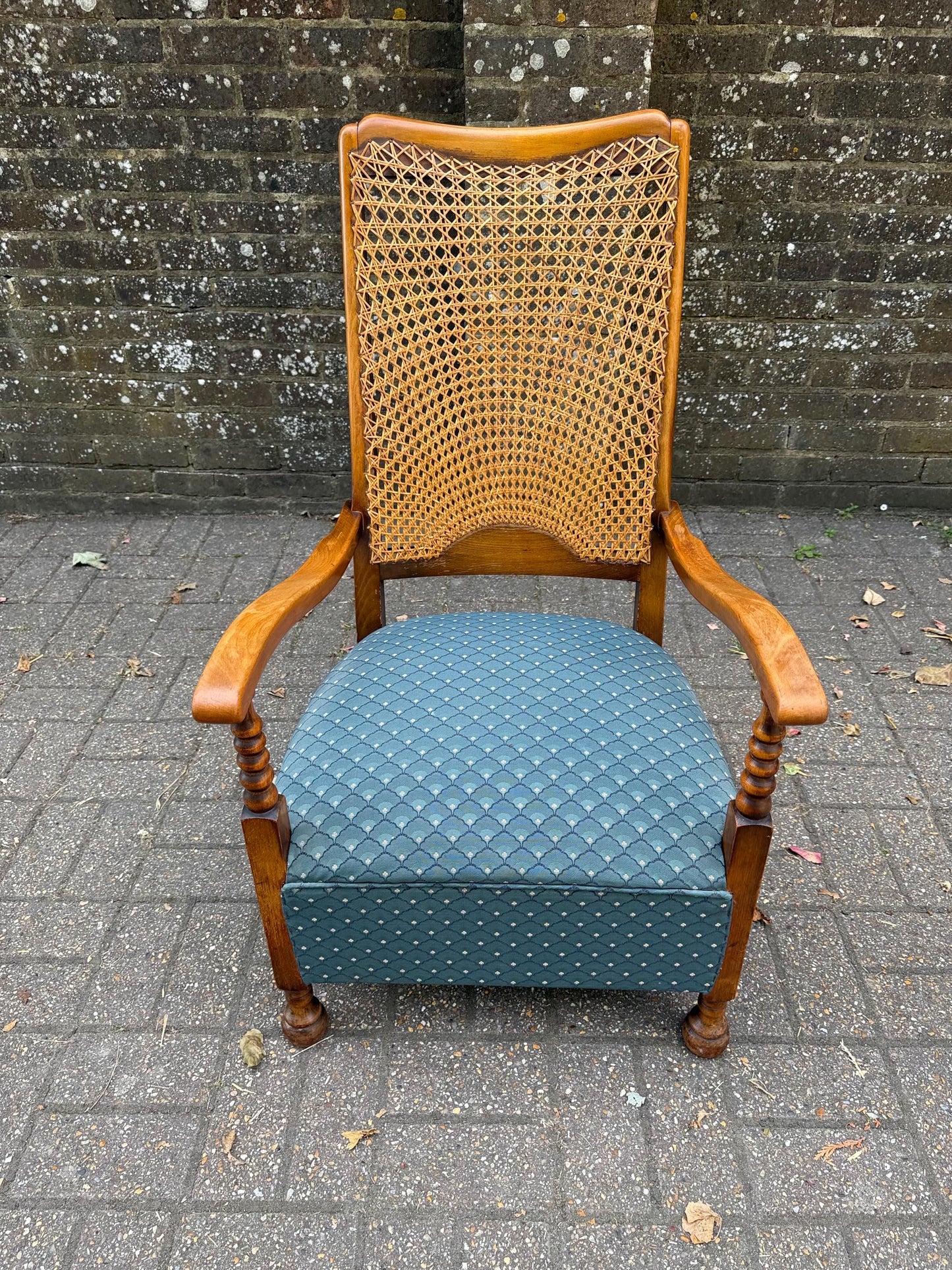 Vintage Early 1900s Cane Back Armchair with Turned Wood Arms & (more recent) Blue Upholstery – Mid-Century Revival, gorgeous oak armchair