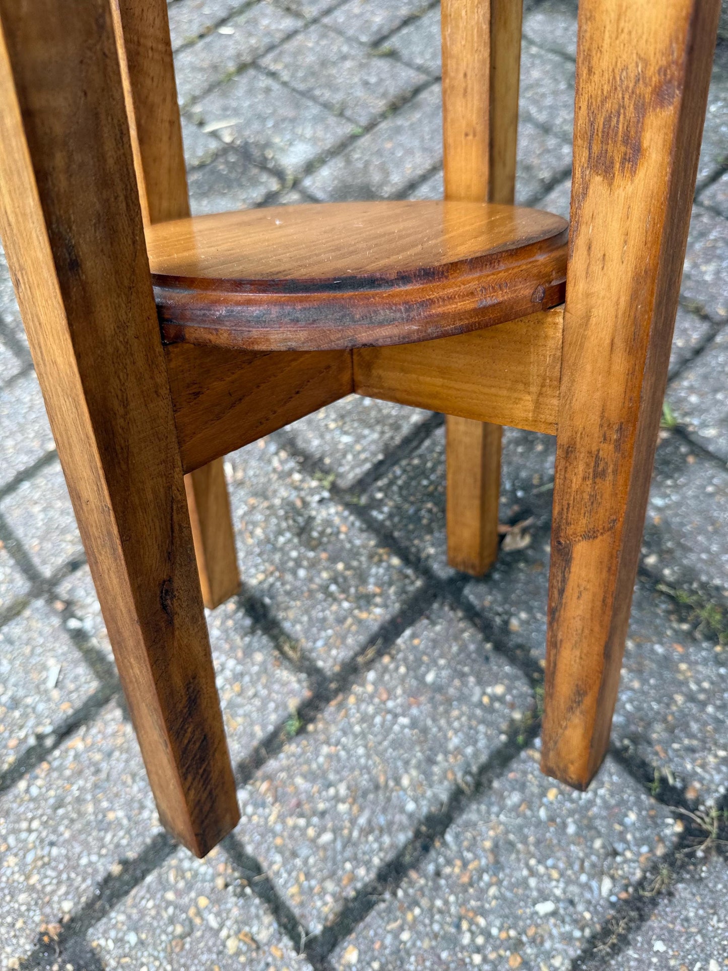Vintage Wooden Pine Plant Stand – Tall Two Tier Display Table, Slim Mid Century Hallway Stand, Rustic Country Cottage Pedestal