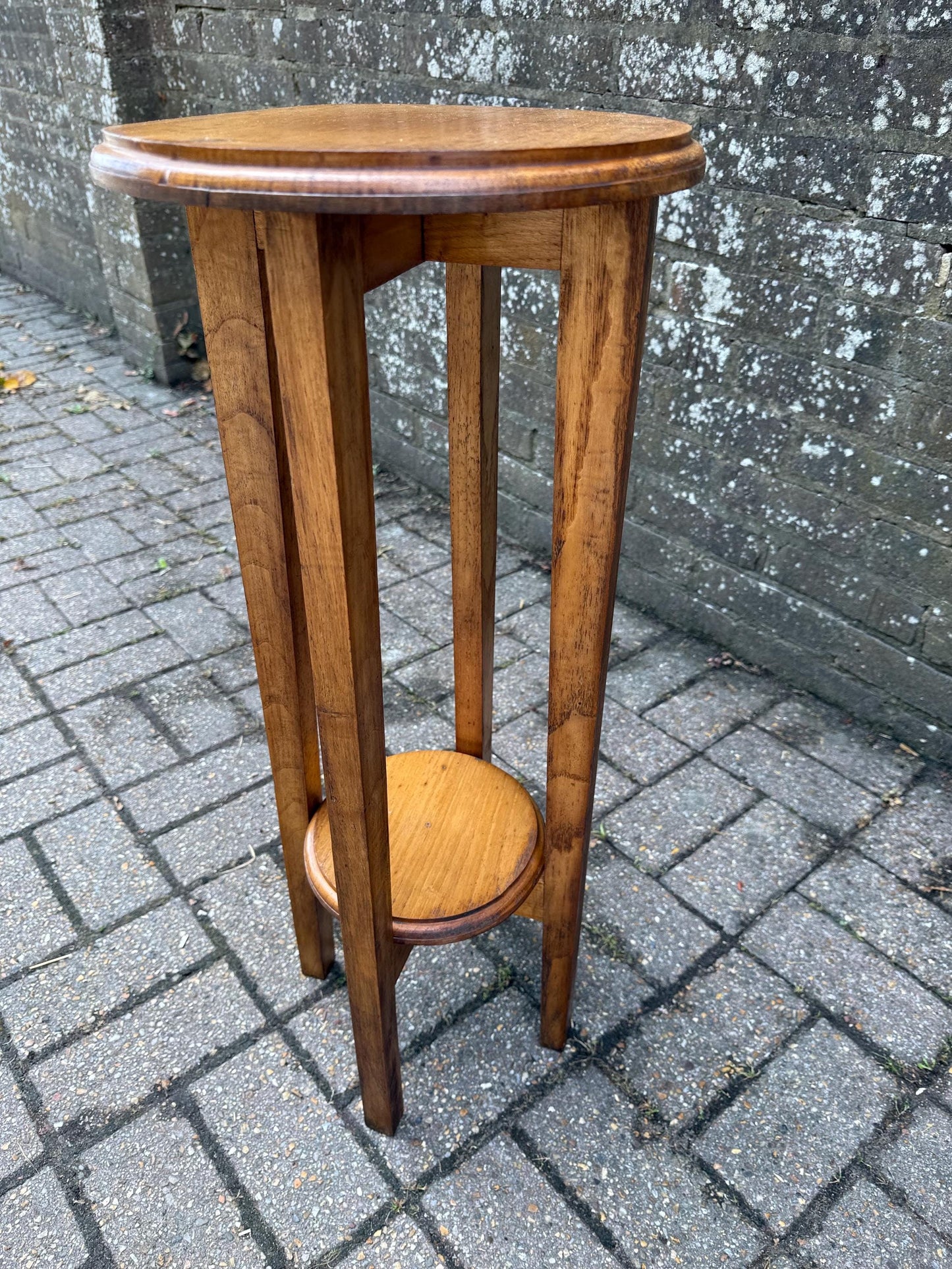 Vintage Wooden Pine Plant Stand – Tall Two Tier Display Table, Slim Mid Century Hallway Stand, Rustic Country Cottage Pedestal