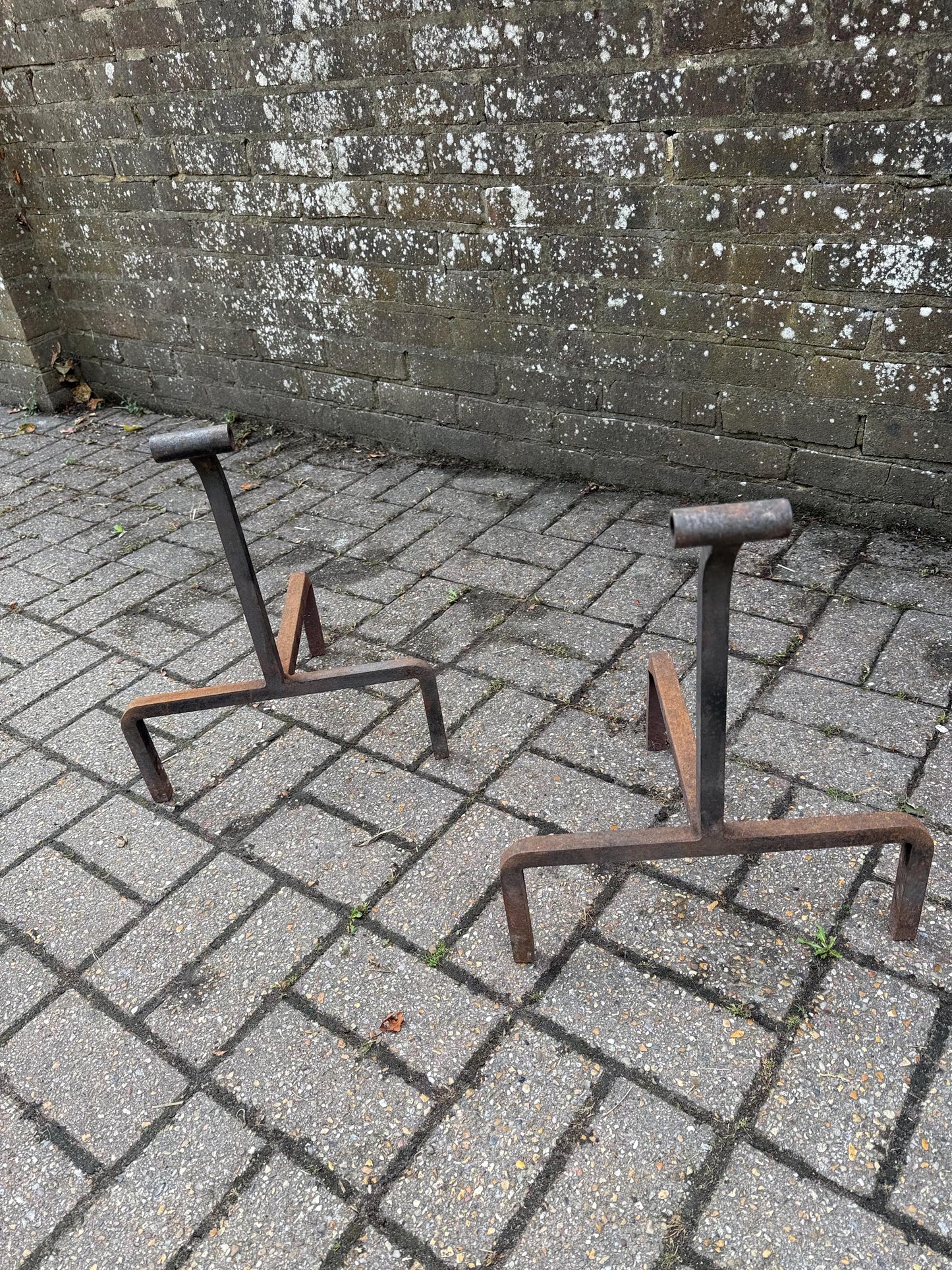 Rare Vintage Wrought Iron Fire Dogs – Rustic Mid Century Fireplace Andirons, Traditional Log Holders, Country Cottage Hearth Decor design