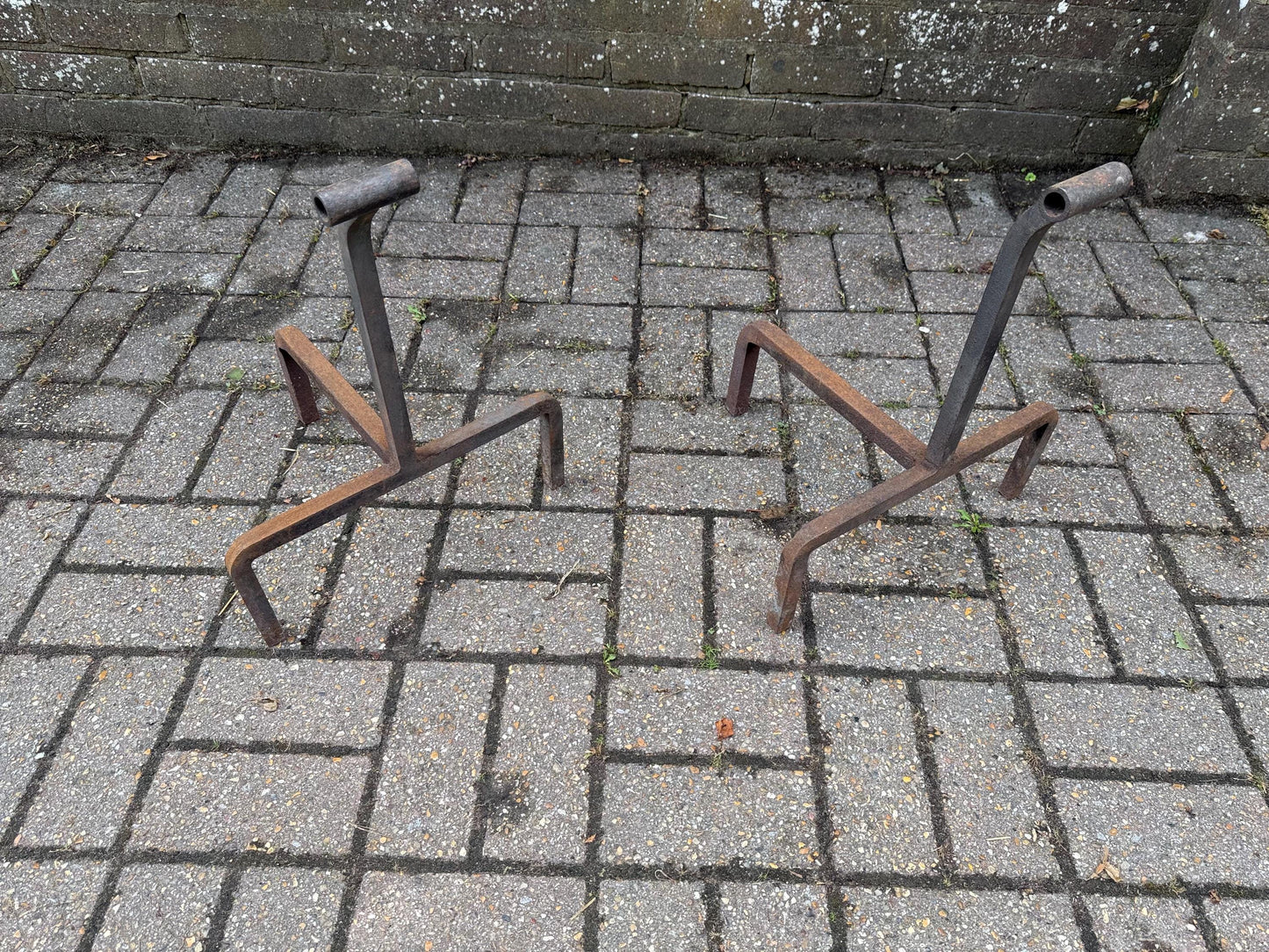 Rare Vintage Wrought Iron Fire Dogs – Rustic Mid Century Fireplace Andirons, Traditional Log Holders, Country Cottage Hearth Decor design