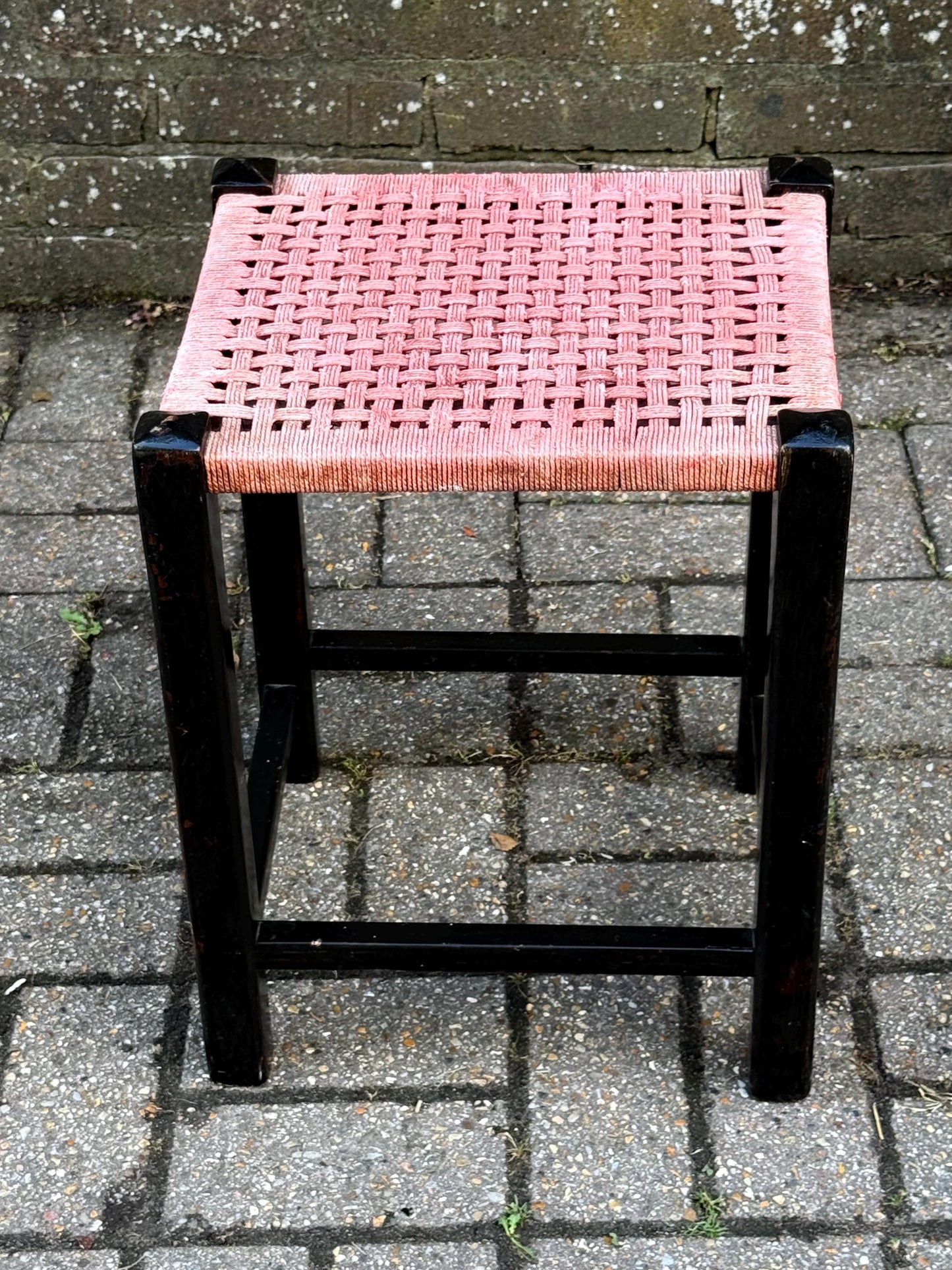 Pair of Vintage Mid Century Woven Stool – Black Wood Frame with Pink Cord Seat – Retro Side Table, Plant Stand, Boho Decor