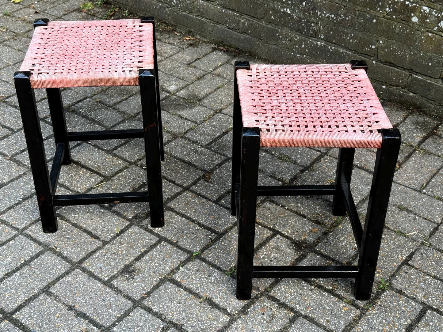 Pair of Vintage Mid Century Woven Stool – Black Wood Frame with Pink Cord Seat – Retro Side Table, Plant Stand, Boho Decor