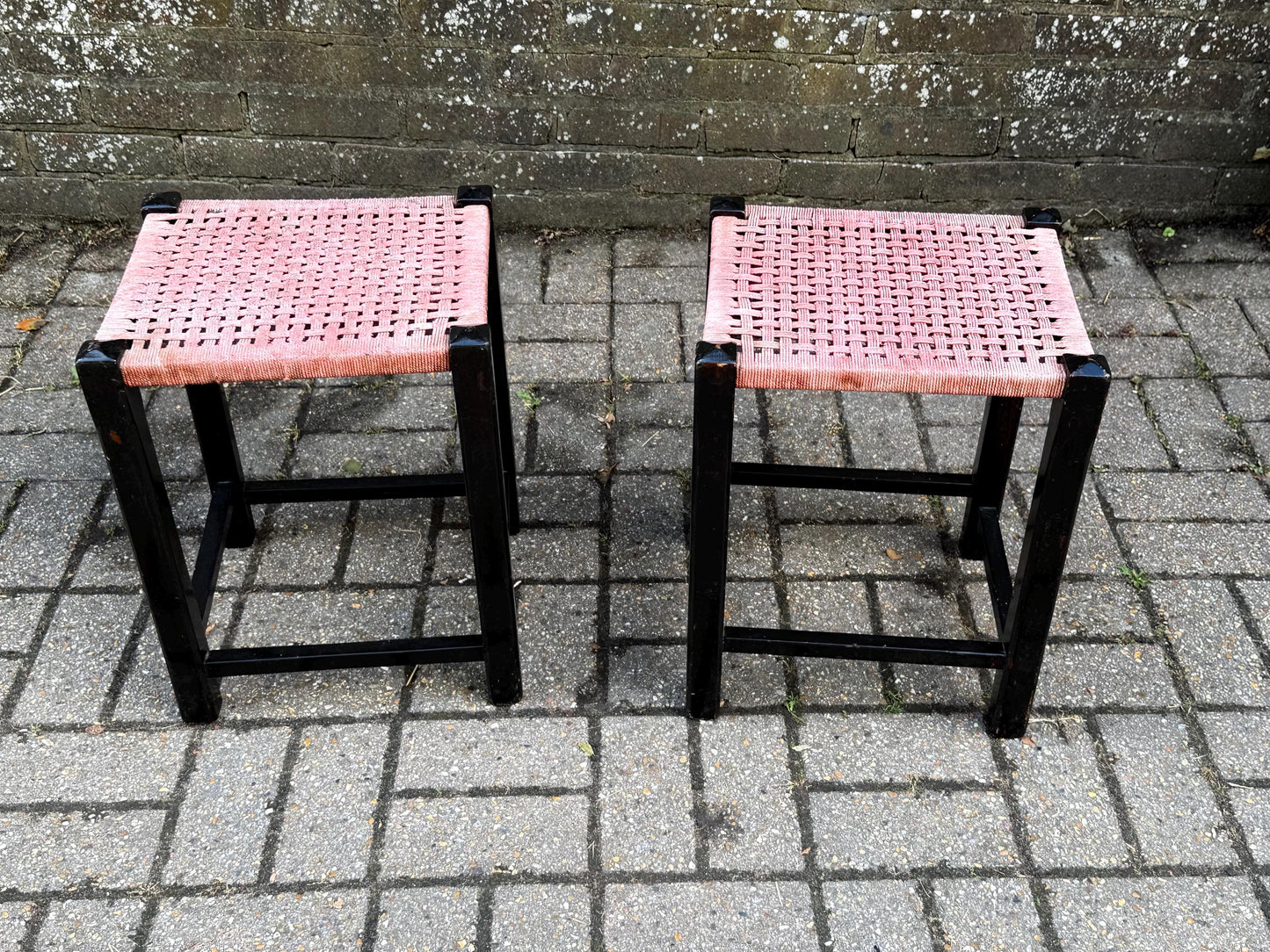 Pair of Vintage Mid Century Woven Stool – Black Wood Frame with Pink Cord Seat – Retro Side Table, Plant Stand, Boho Decor