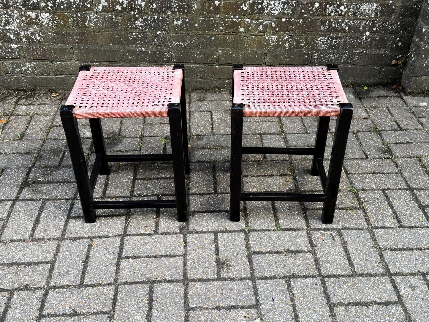 Pair of Vintage Mid Century Woven Stool – Black Wood Frame with Pink Cord Seat – Retro Side Table, Plant Stand, Boho Decor