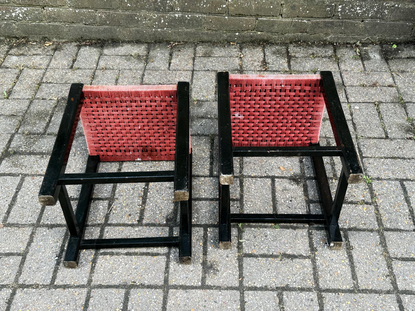 Pair of Vintage Mid Century Woven Stool – Black Wood Frame with Pink Cord Seat – Retro Side Table, Plant Stand, Boho Decor