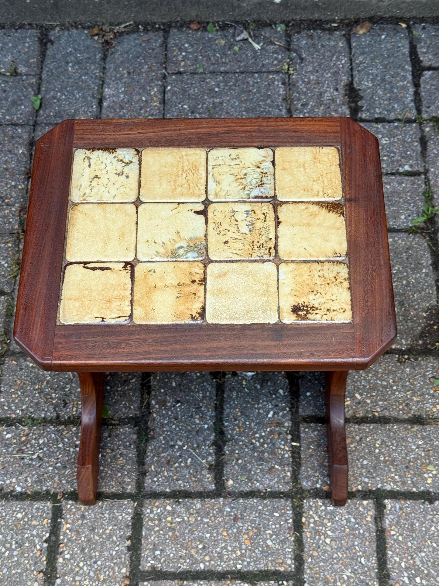 Small Vintage 1970s Danish Style Mid Century Tile Top Side Table – Teak Wood Accent Table with Retro Cream Glazed Ceramic Mosaic, Occasional
