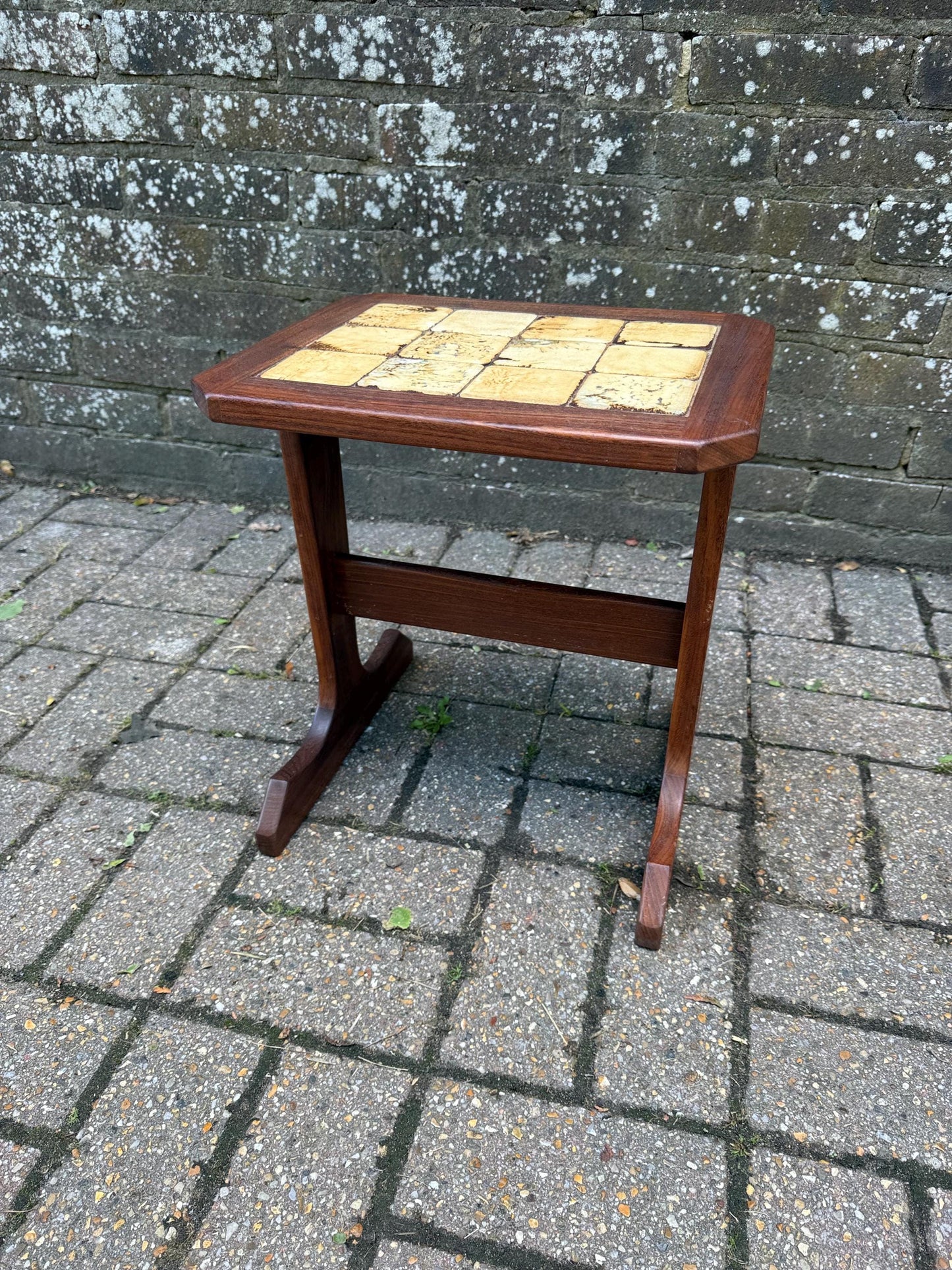 Small Vintage 1970s Danish Style Mid Century Tile Top Side Table – Teak Wood Accent Table with Retro Cream Glazed Ceramic Mosaic, Occasional