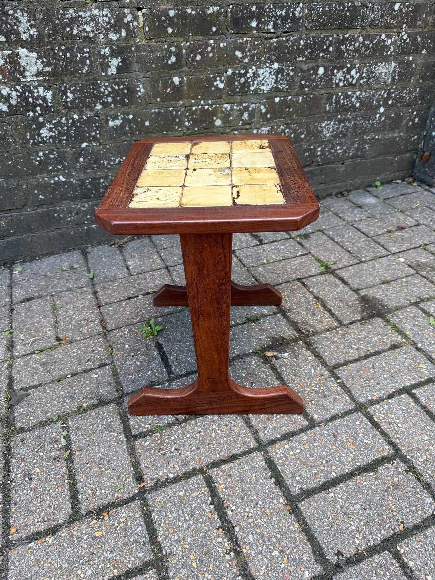 Small Vintage 1970s Danish Style Mid Century Tile Top Side Table – Teak Wood Accent Table with Retro Cream Glazed Ceramic Mosaic, Occasional