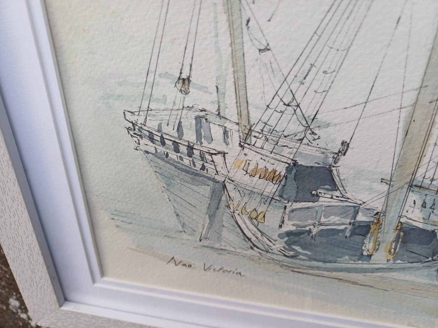 Original Nautical Ship Watercolour, “Nao Victoria” Chatham, Signed Maritime Painting by Z Richards, Historic Sailing Vessel in White Frame