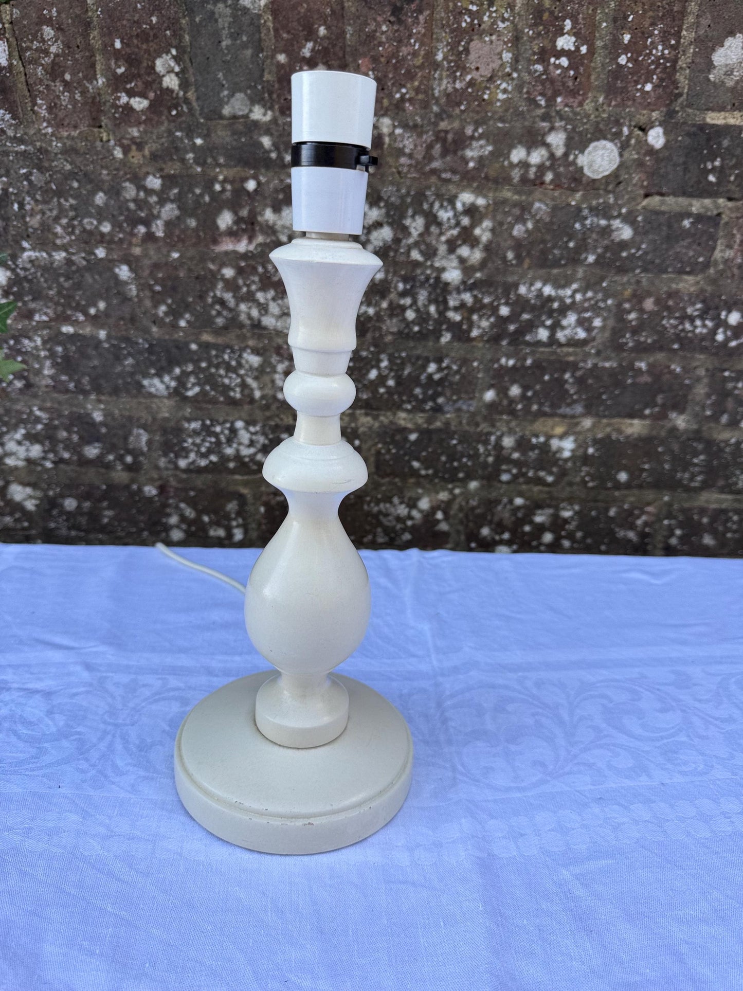Vintage Cream Wooden Table Lamp & Pleated Fabric Shade – Shabby Chic Cottagecore Farmhouse Lighting, Rustic Bedside or Table Lamp, working