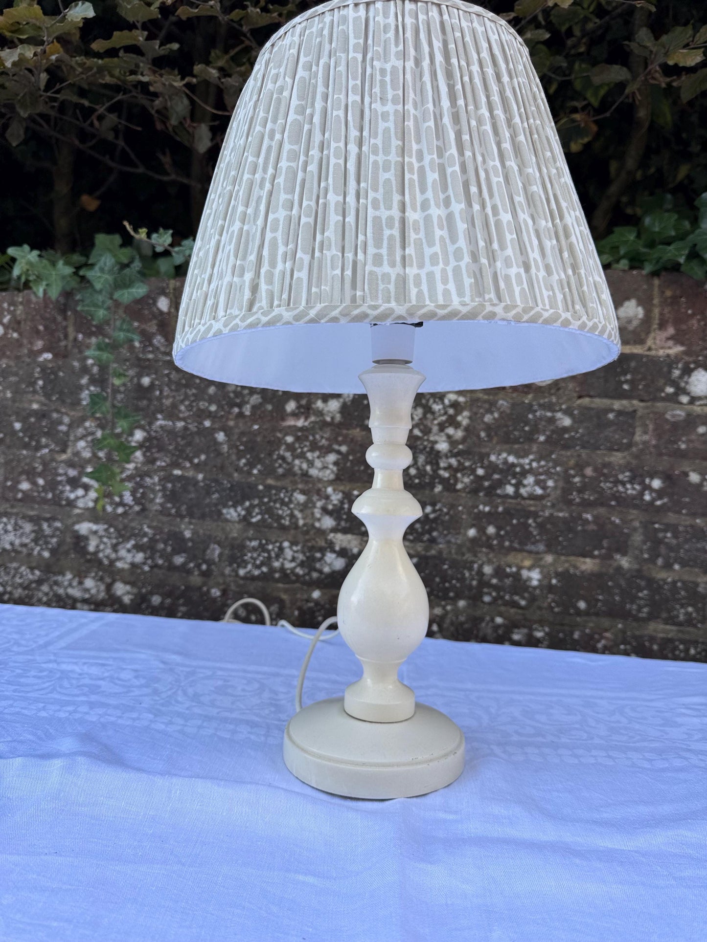 Vintage Cream Wooden Table Lamp & Pleated Fabric Shade – Shabby Chic Cottagecore Farmhouse Lighting, Rustic Bedside or Table Lamp, working