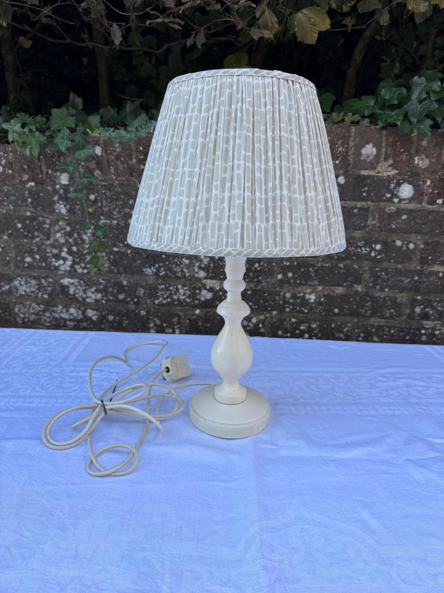 Vintage Cream Wooden Table Lamp & Pleated Fabric Shade – Shabby Chic Cottagecore Farmhouse Lighting, Rustic Bedside or Table Lamp, working