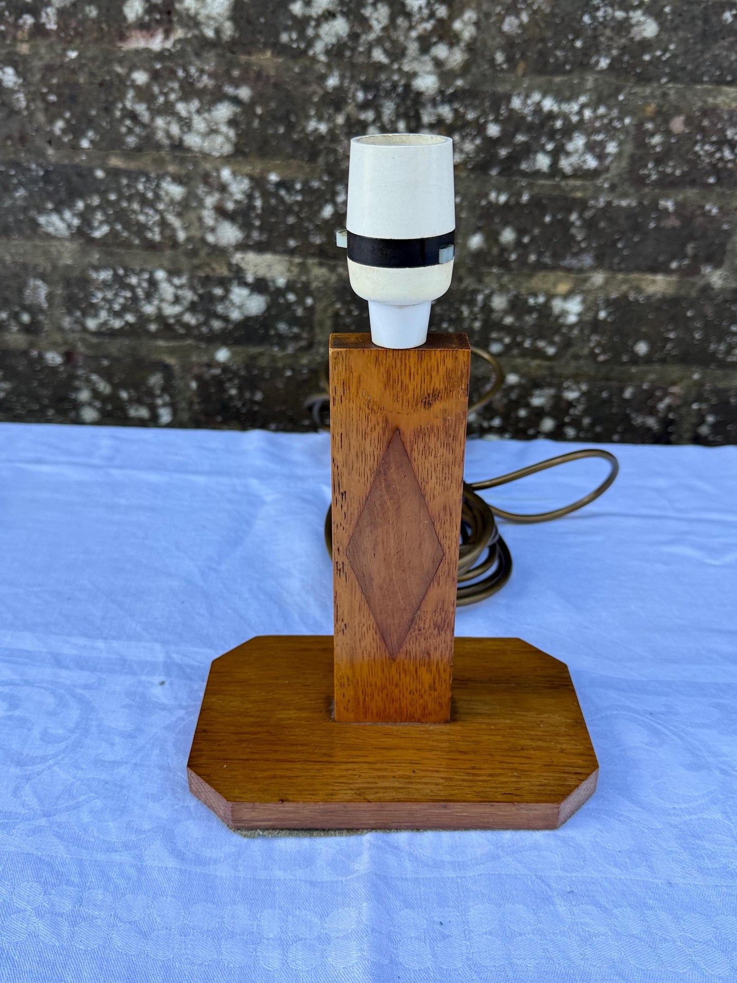 Unique Vintage Mid-Century Modern Wooden Table Lamp with Geometric Inlay and Retro Oak Base – Minimalist Midcentury Lighting, working