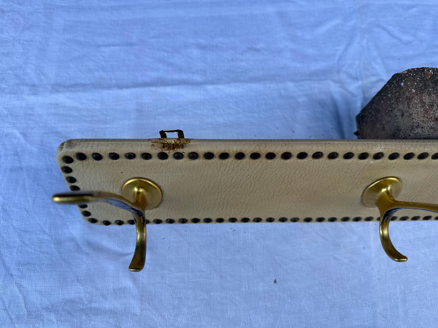 Vintage Mid-Century Wall-Mounted Coat Hooks – Brass and Vinyl Panel with Stud Detailing – Retro Hallway Storage, retro hooks, refurb project