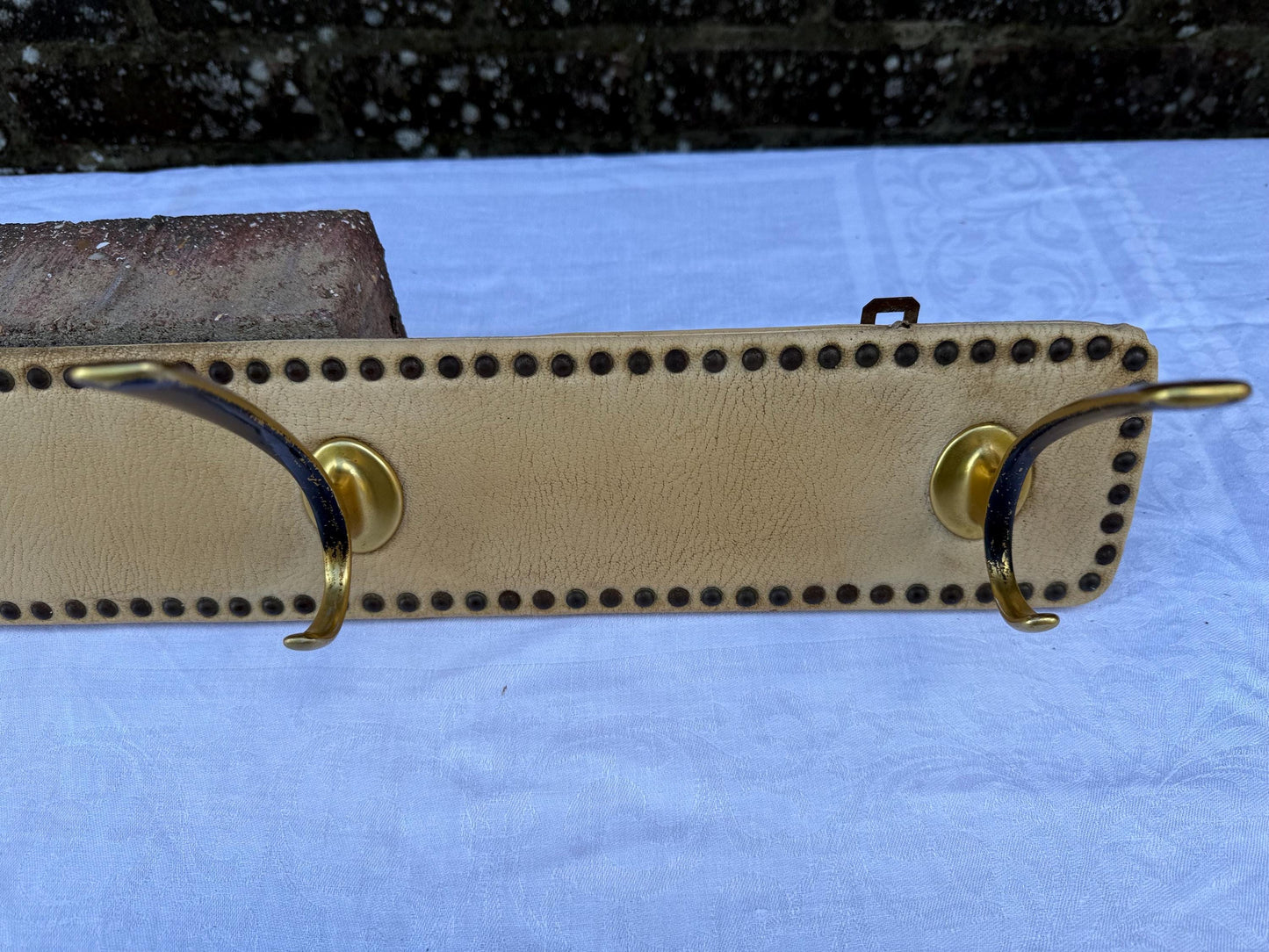 Vintage Mid-Century Wall-Mounted Coat Hooks – Brass and Vinyl Panel with Stud Detailing – Retro Hallway Storage, retro hooks, refurb project