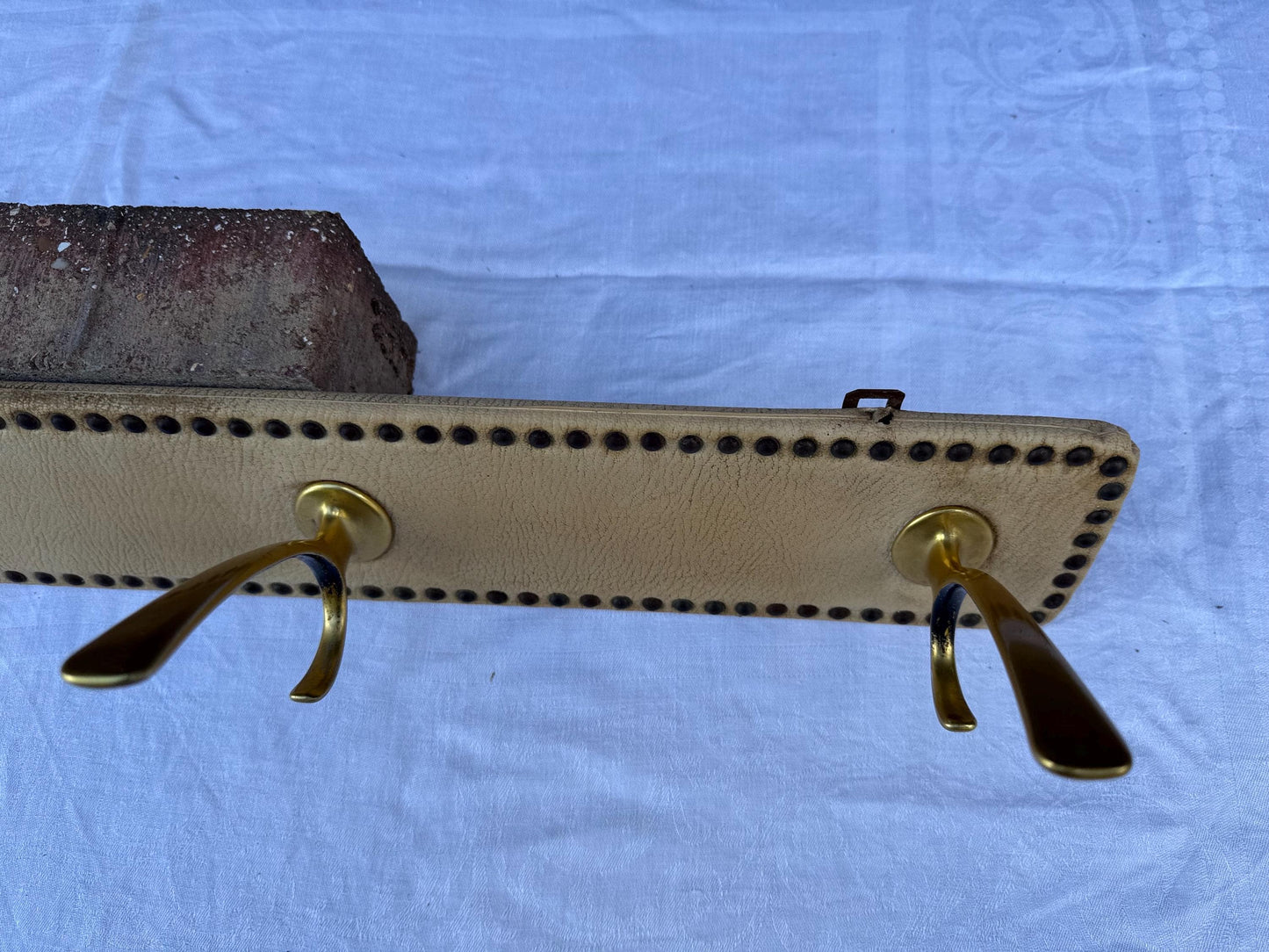 Vintage Mid-Century Wall-Mounted Coat Hooks – Brass and Vinyl Panel with Stud Detailing – Retro Hallway Storage, retro hooks, refurb project