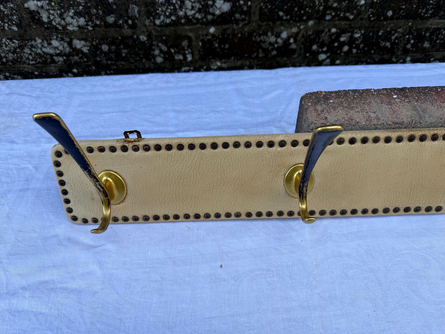 Vintage Mid-Century Wall-Mounted Coat Hooks – Brass and Vinyl Panel with Stud Detailing – Retro Hallway Storage, retro hooks, refurb project