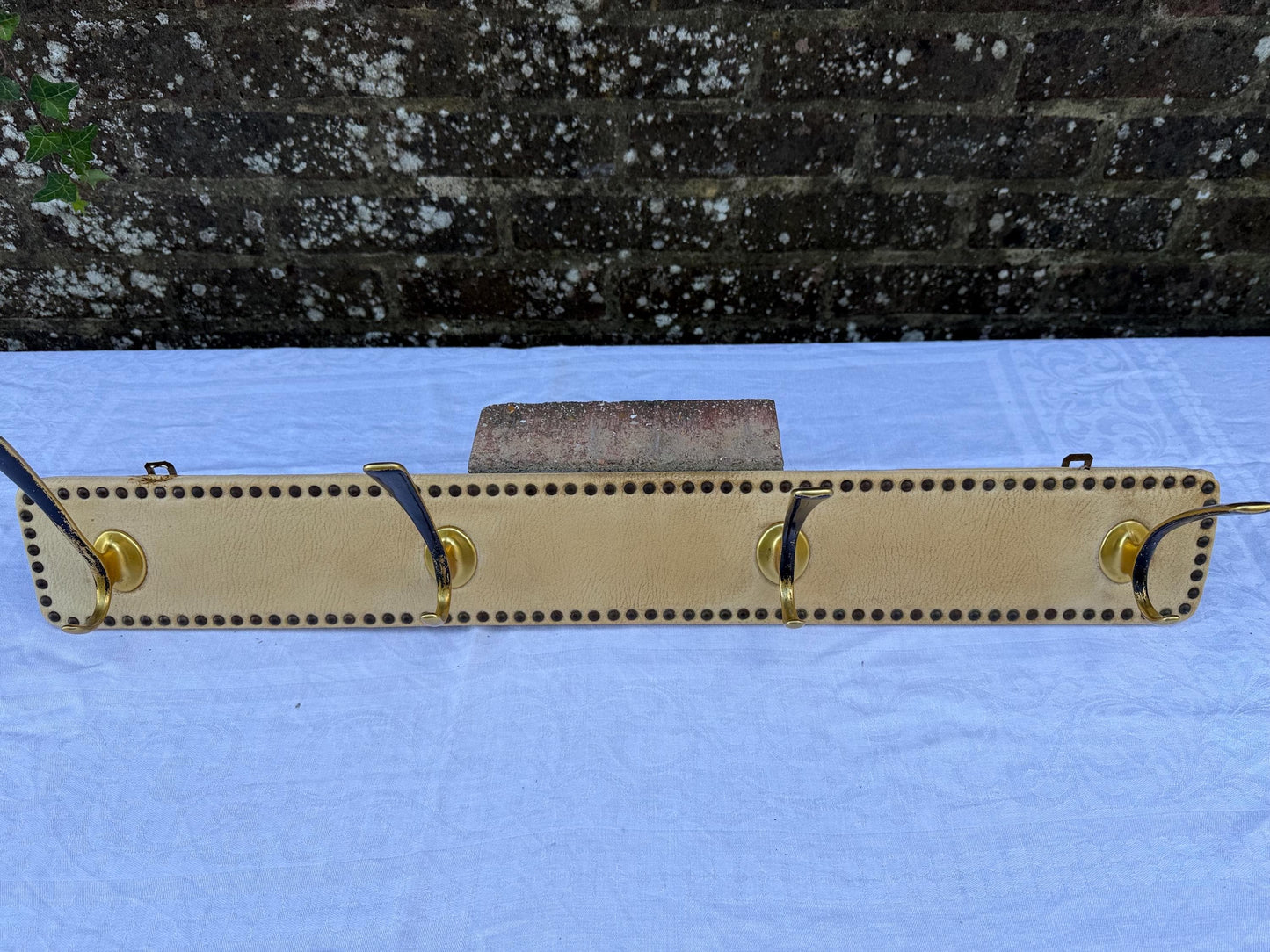 Vintage Mid-Century Wall-Mounted Coat Hooks – Brass and Vinyl Panel with Stud Detailing – Retro Hallway Storage, retro hooks, refurb project