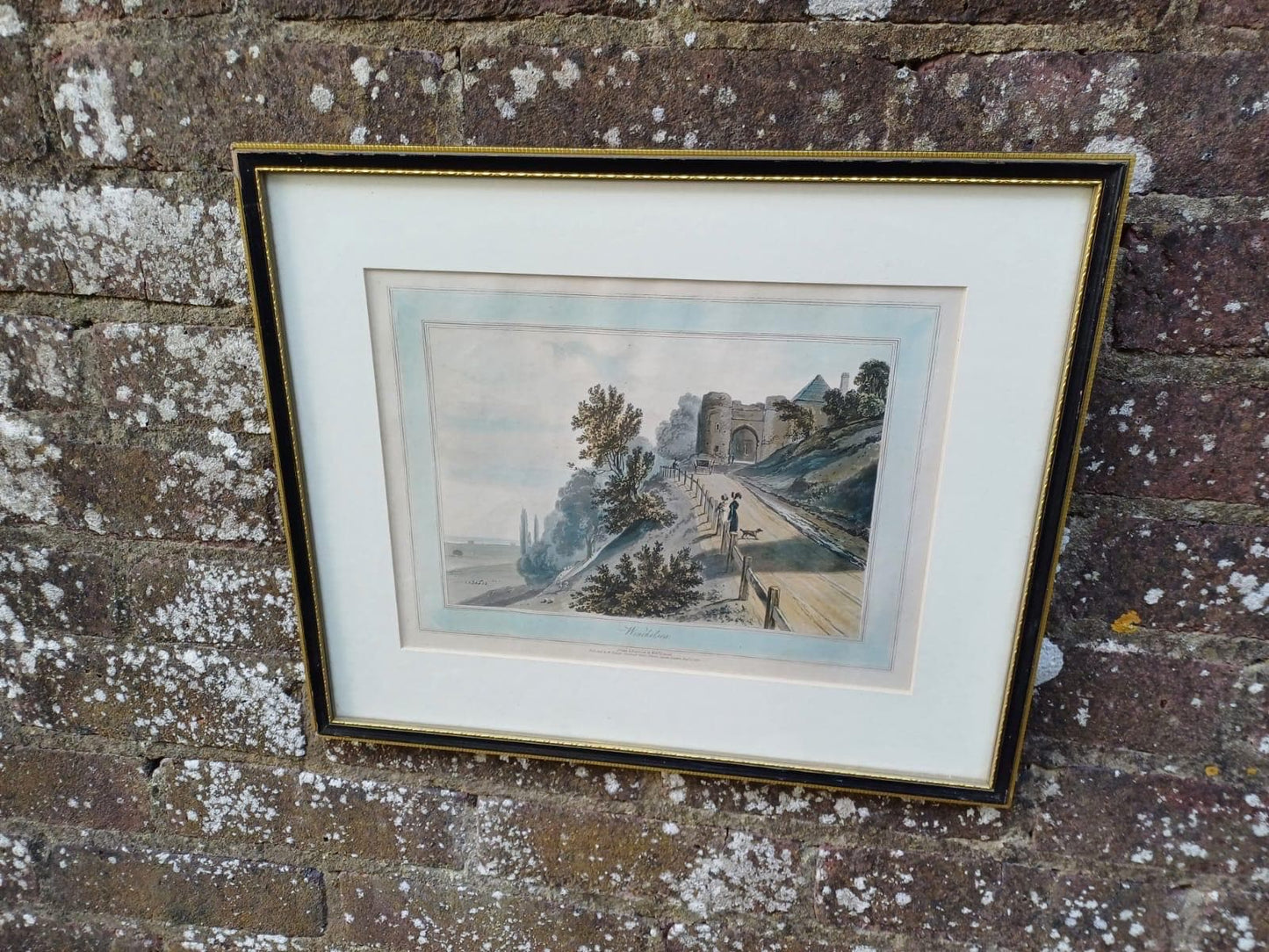 Antique Hand Coloured Print Winchelsea Sussex c1820s Georgian Town Gate Landscape Framed Historic Wall Art, W Daniell engraving, Cinque Port