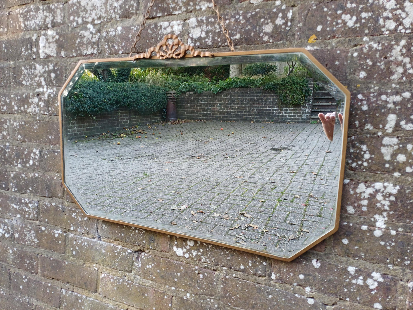 Large Vintage 1920s Gold Gilt Ribbon Wall Mirror – Heavy Quality Bevelled Glass, Decorative Metal Frame, Antique Glamour