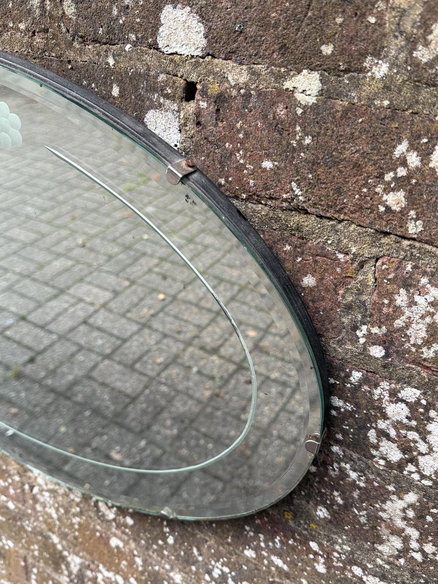 Excellent early mid 1900s Frameless Oval Etched Mirror, large mirror 1930s-1950s, oval glass mirror, mid century mirror 68cm x 41cm