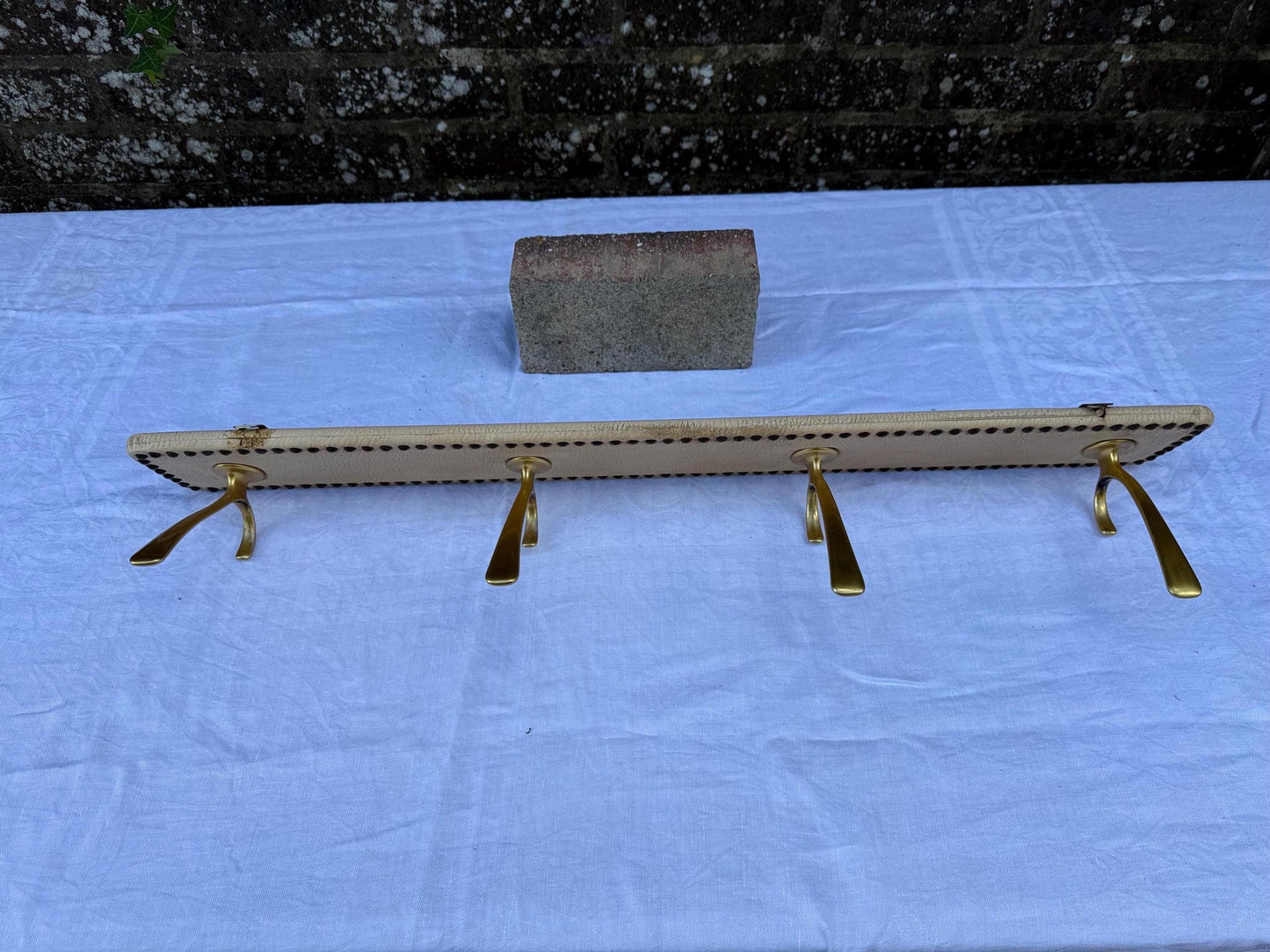 Vintage Mid-Century Wall-Mounted Coat Hooks – Brass and Vinyl Panel with Stud Detailing – Retro Hallway Storage, retro hooks, refurb project