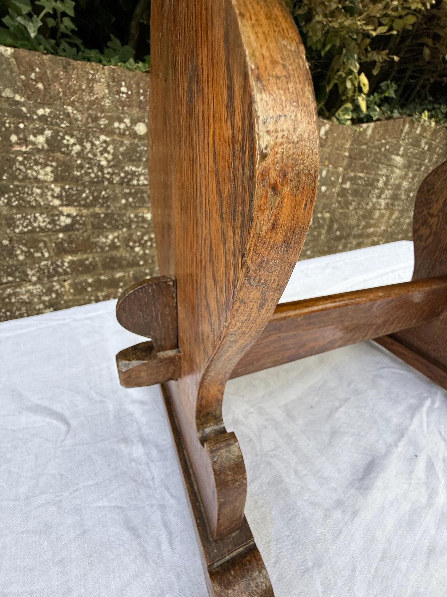 Antique Arts & Crafts Oak Side Table, Early 20th Century English Rustic Occasional Table with Carved Trestle Base