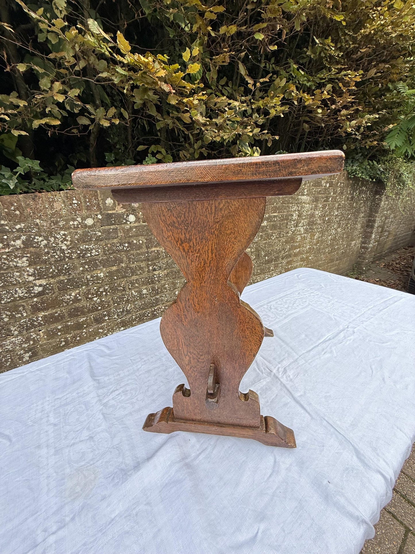 Antique Arts & Crafts Oak Side Table, Early 20th Century English Rustic Occasional Table with Carved Trestle Base