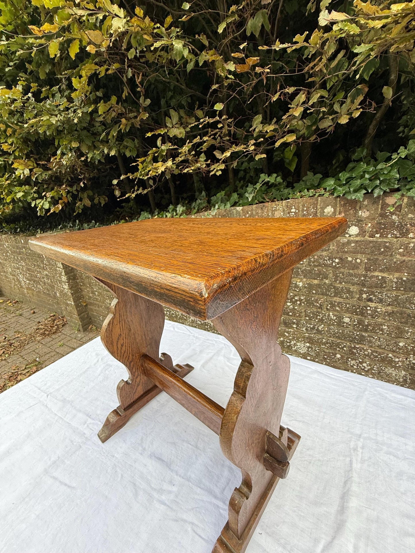 Antique Arts & Crafts Oak Side Table, Early 20th Century English Rustic Occasional Table with Carved Trestle Base