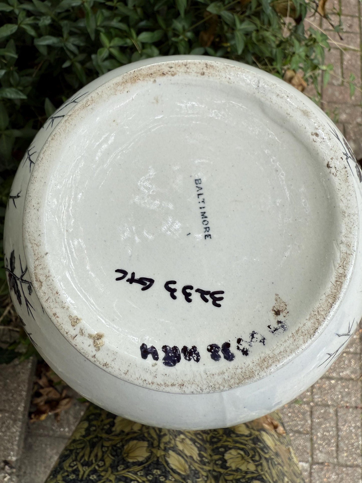 Large Antique c 1880s Pottery Jug/Vase - white pottery with Black Transfer Prints - Americana with Baltimore stamped on underside. Americana