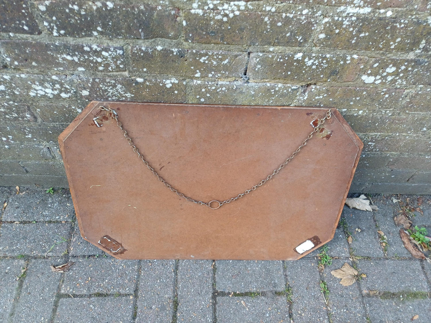 1930s Art Deco Etched Wall Mirror, Vintage Scalloped Bevelled Glass with Walnut Veneer Frame and Original Chain