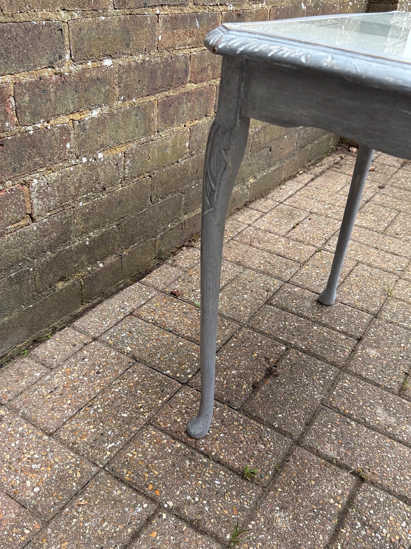 Upcycled vintage side table in shabby chic grey finish, glass top and changeable insert paper; refurbished side table, vintage coffee table