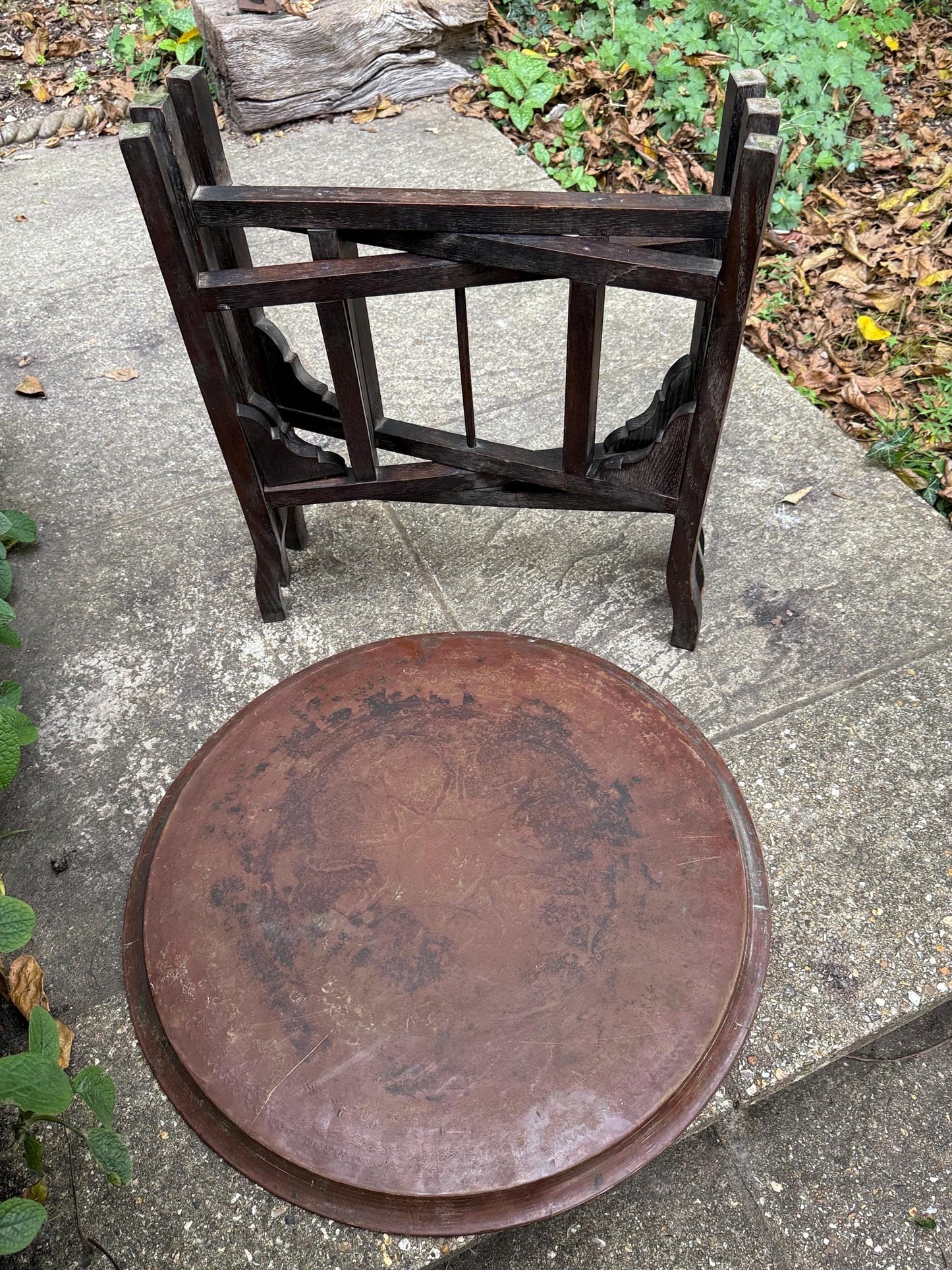 Antique 1920s Folding Brass Tray Table | Hand-Etched Middle Eastern Table, Carved Hardwood Base, Moorish Style, Plant stand, Plant table