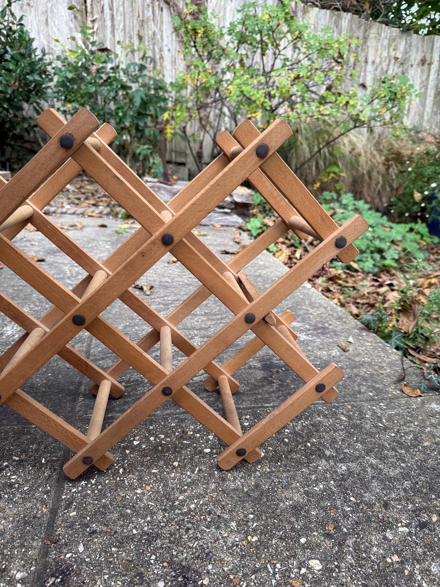 Vintage Folding Wooden Wine Rack – Mid-Century Expandable Bottle Holder, Retro Scandi Home Bar Decor, retro wine rack