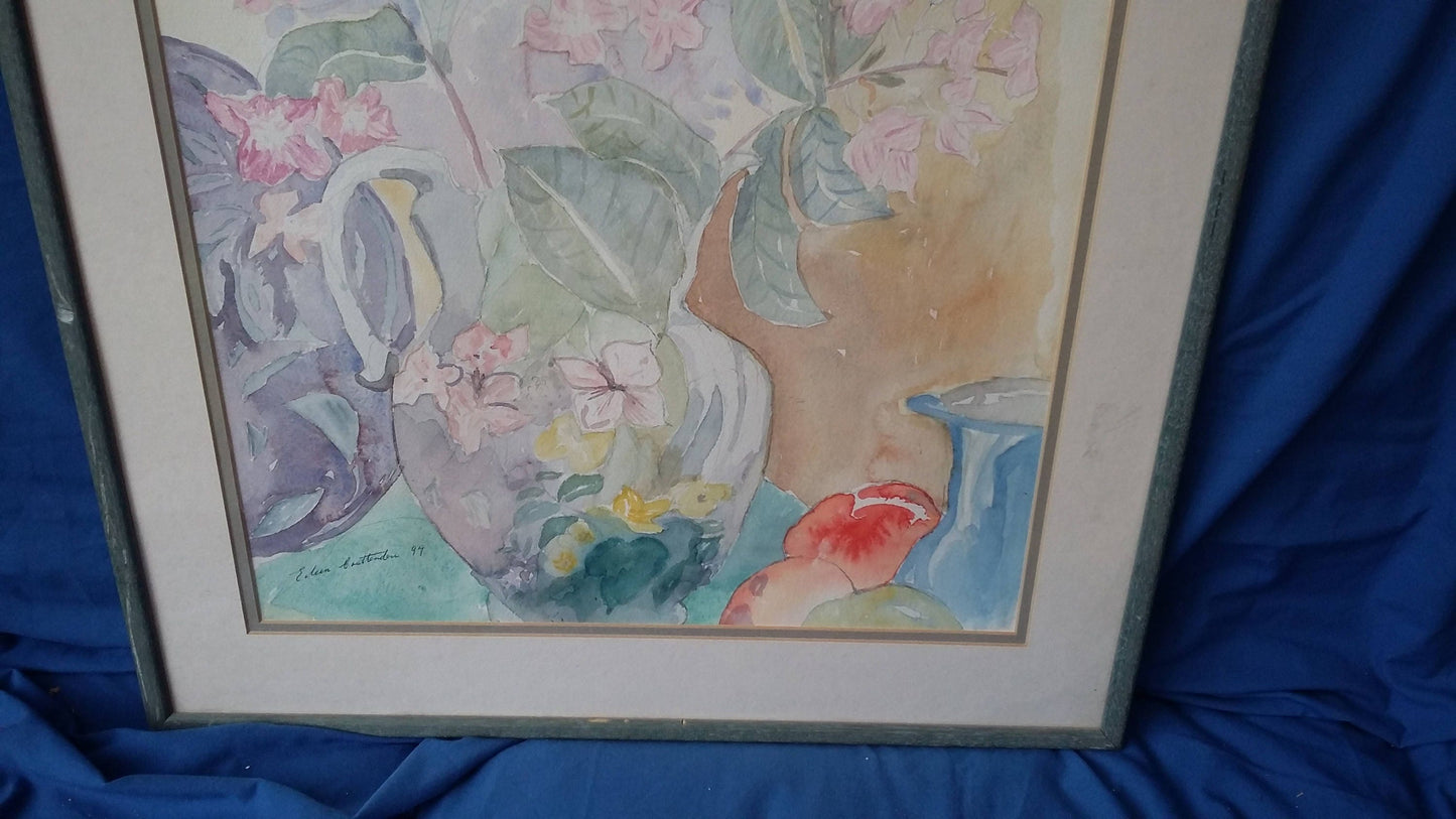 Large Vintage Floral Flowers Watercolour Hydrangers and Still Life Signed Eileen Cruttenden