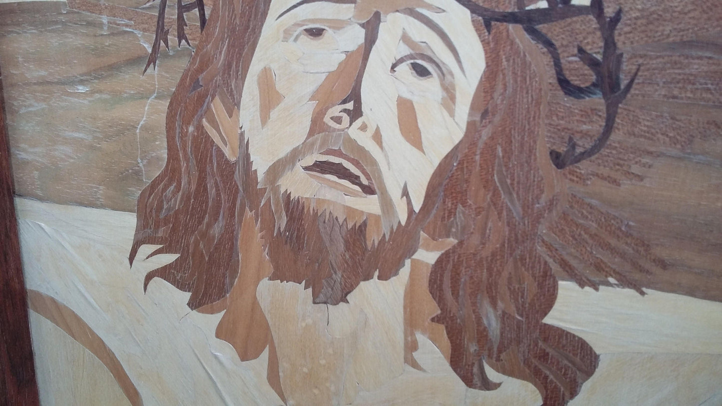 Large Vintage Marquetry Picture The Crucifixion Jesus. Inlay Wood Inlaid 57 x 46 cm