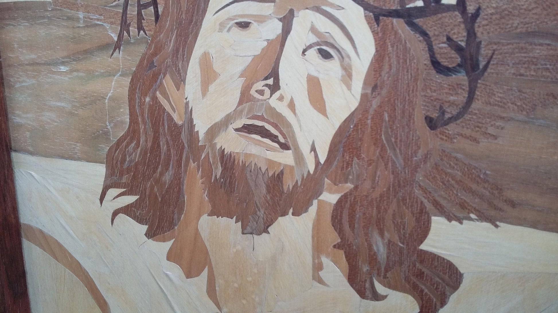 Large Vintage Marquetry Picture The Crucifixion Jesus. Inlay Wood Inlaid 57 x 46 cm