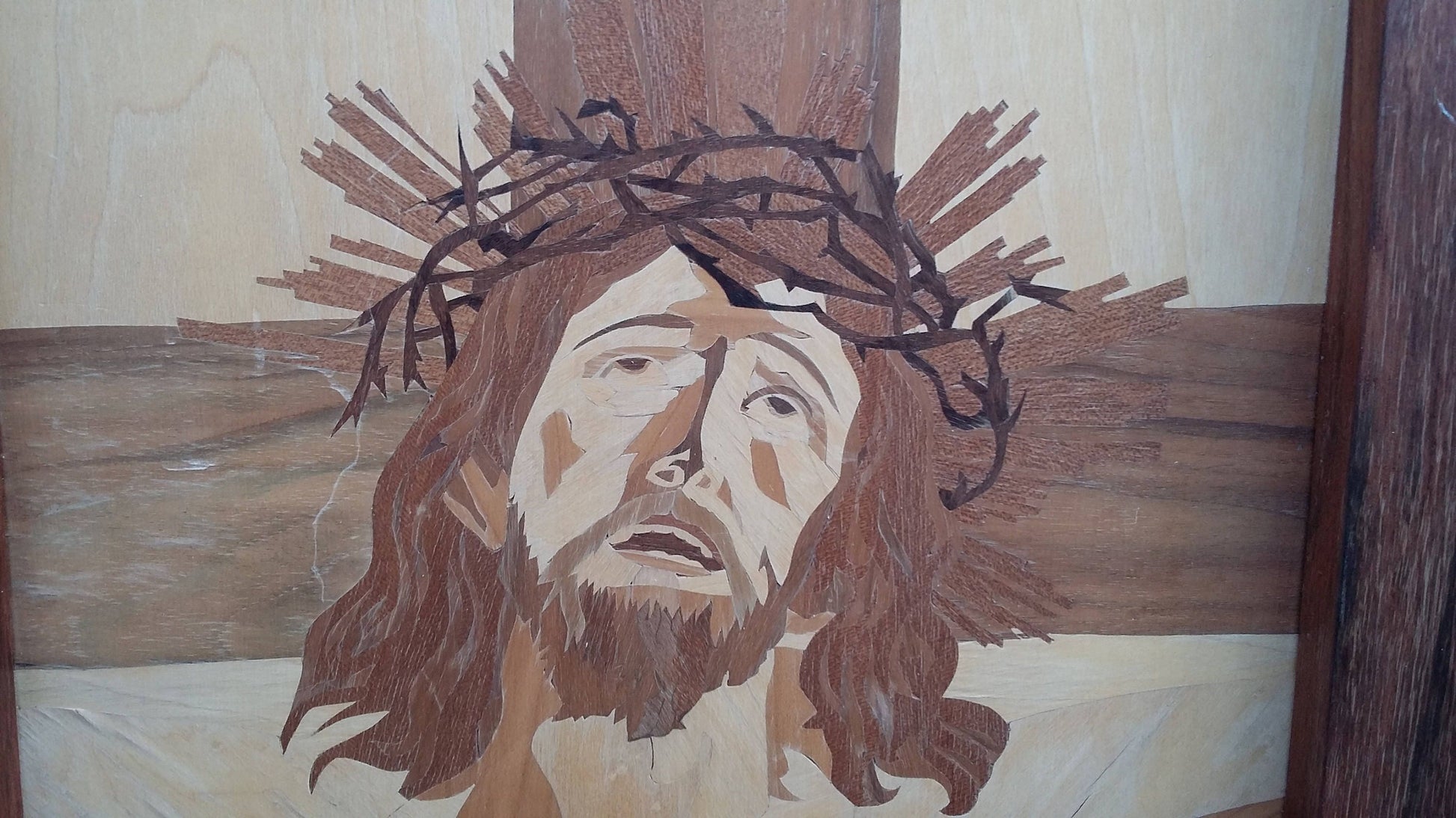 Large Vintage Marquetry Picture The Crucifixion Jesus. Inlay Wood Inlaid 57 x 46 cm