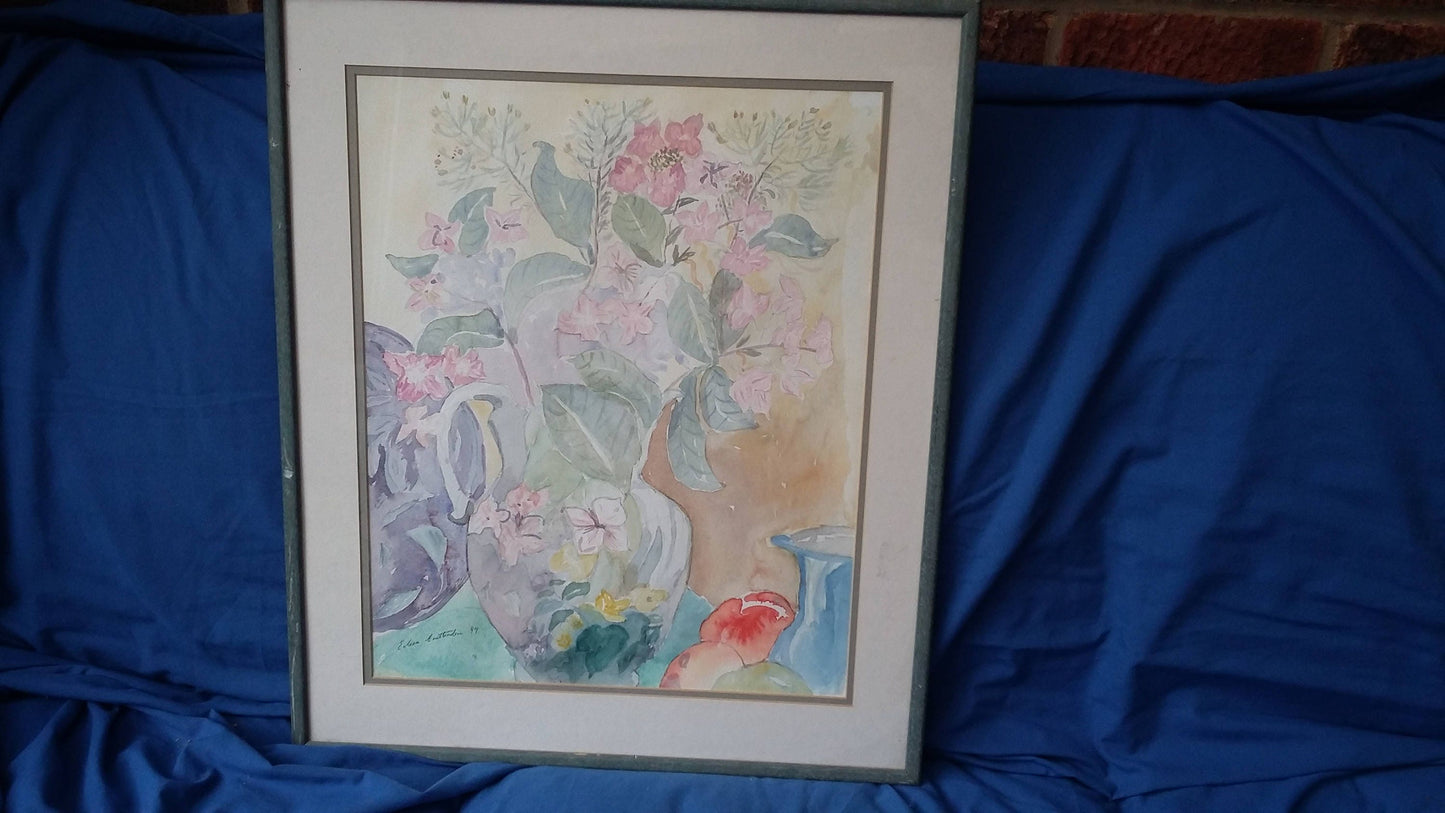 Large Vintage Floral Flowers Watercolour Hydrangers and Still Life Signed Eileen Cruttenden