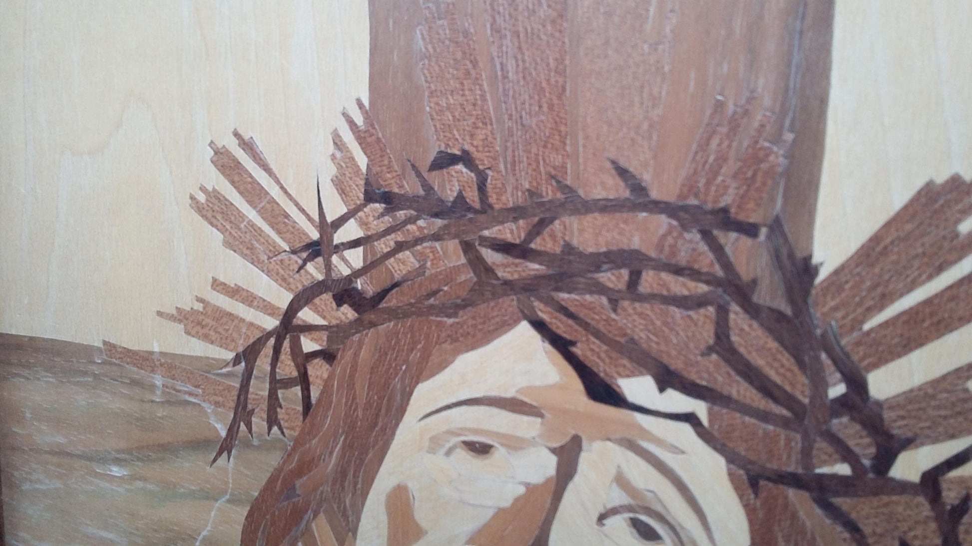 Large Vintage Marquetry Picture The Crucifixion Jesus. Inlay Wood Inlaid 57 x 46 cm