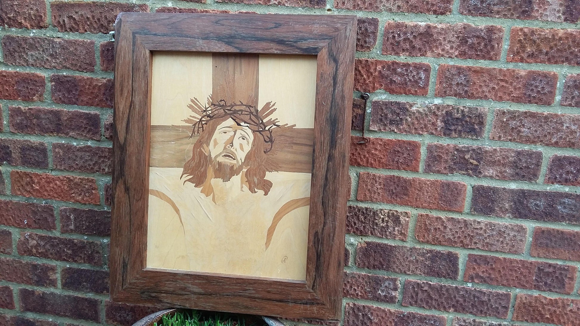 Large Vintage Marquetry Picture The Crucifixion Jesus. Inlay Wood Inlaid 57 x 46 cm
