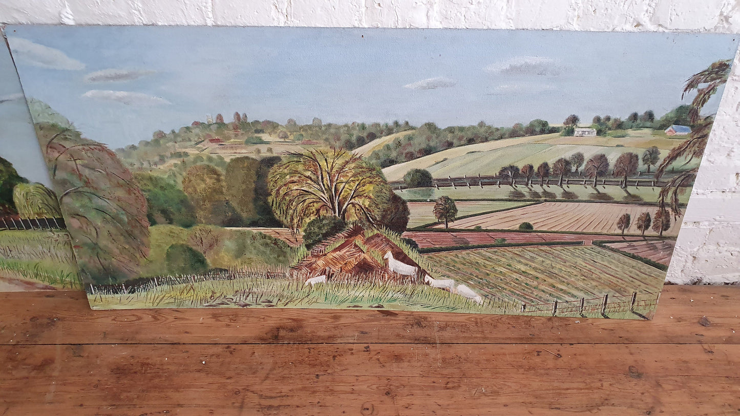 6 Large Countryside Original Oil Paintings Still Life on Boards. Each 4 X 2 ft