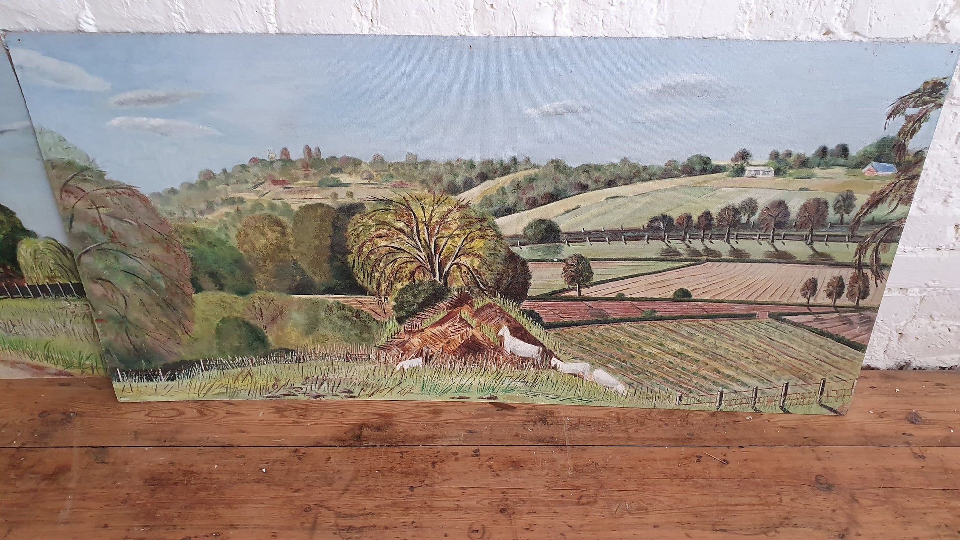 6 Large Countryside Original Oil Paintings Still Life on Boards. Each 4 X 2 ft