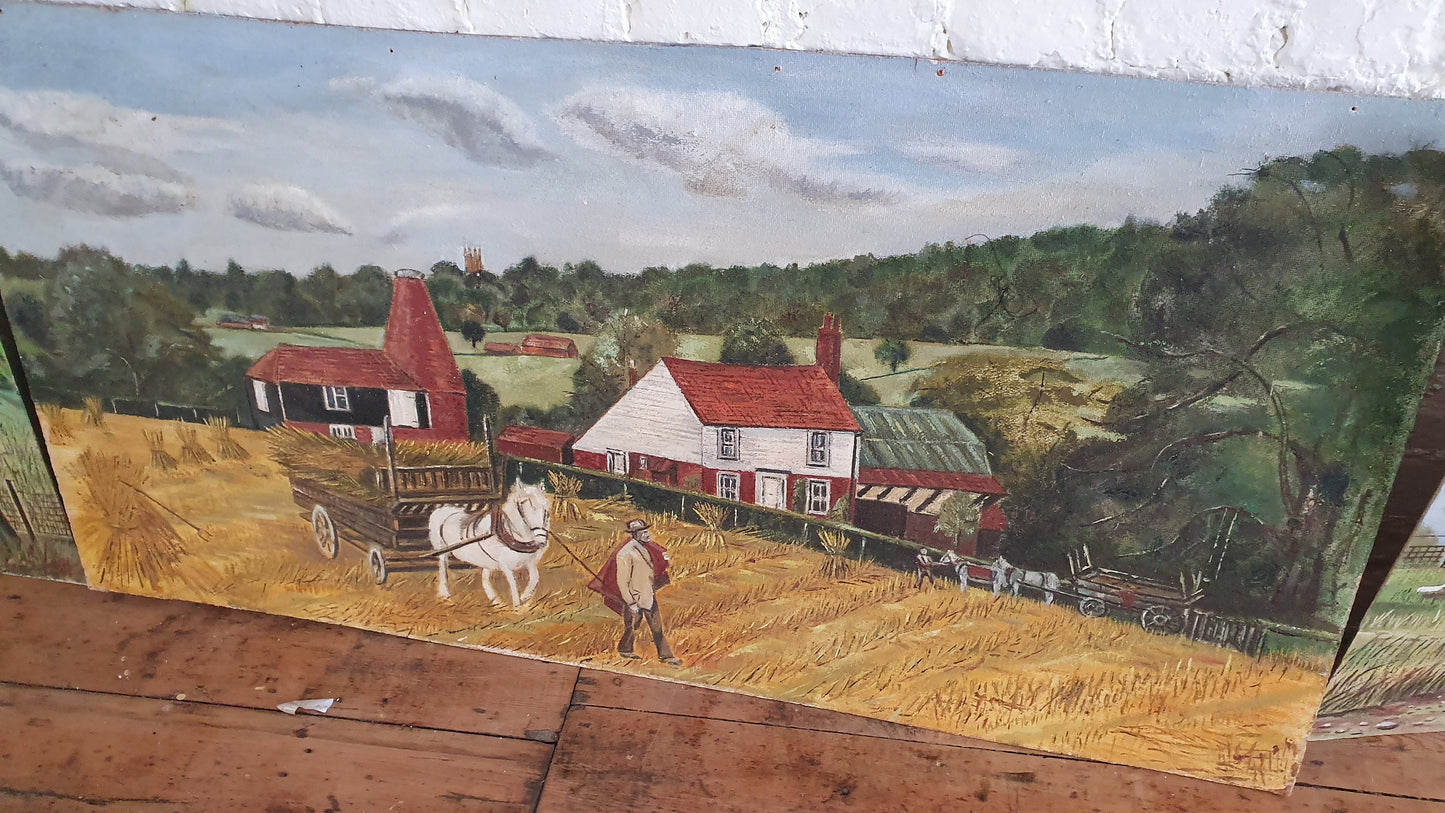 6 Large Countryside Original Oil Paintings Still Life on Boards. Each 4 X 2 ft