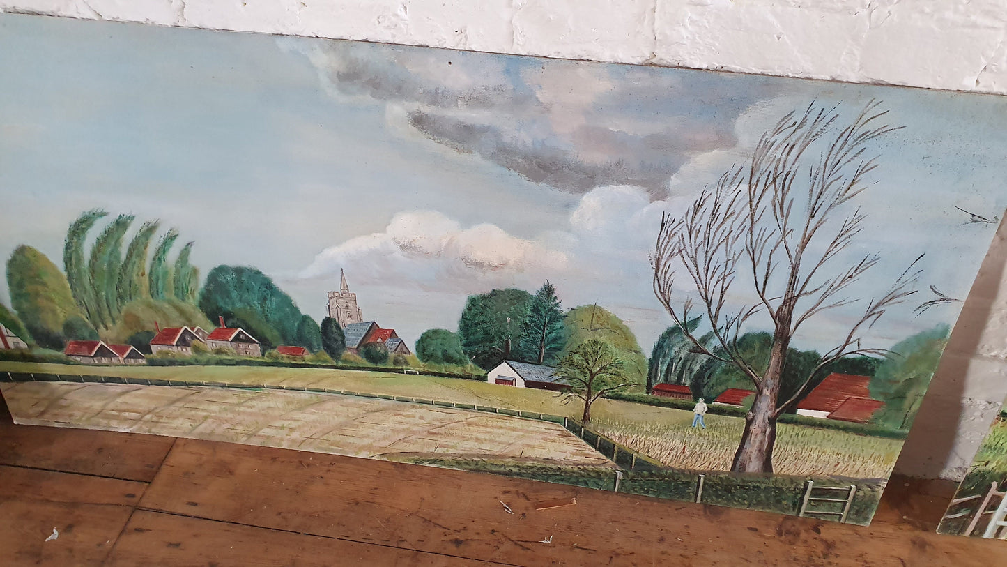 6 Large Countryside Original Oil Paintings Still Life on Boards. Each 4 X 2 ft