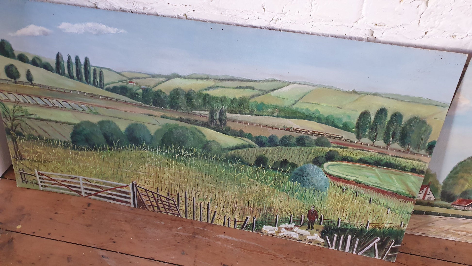 6 Large Countryside Original Oil Paintings Still Life on Boards. Each 4 X 2 ft