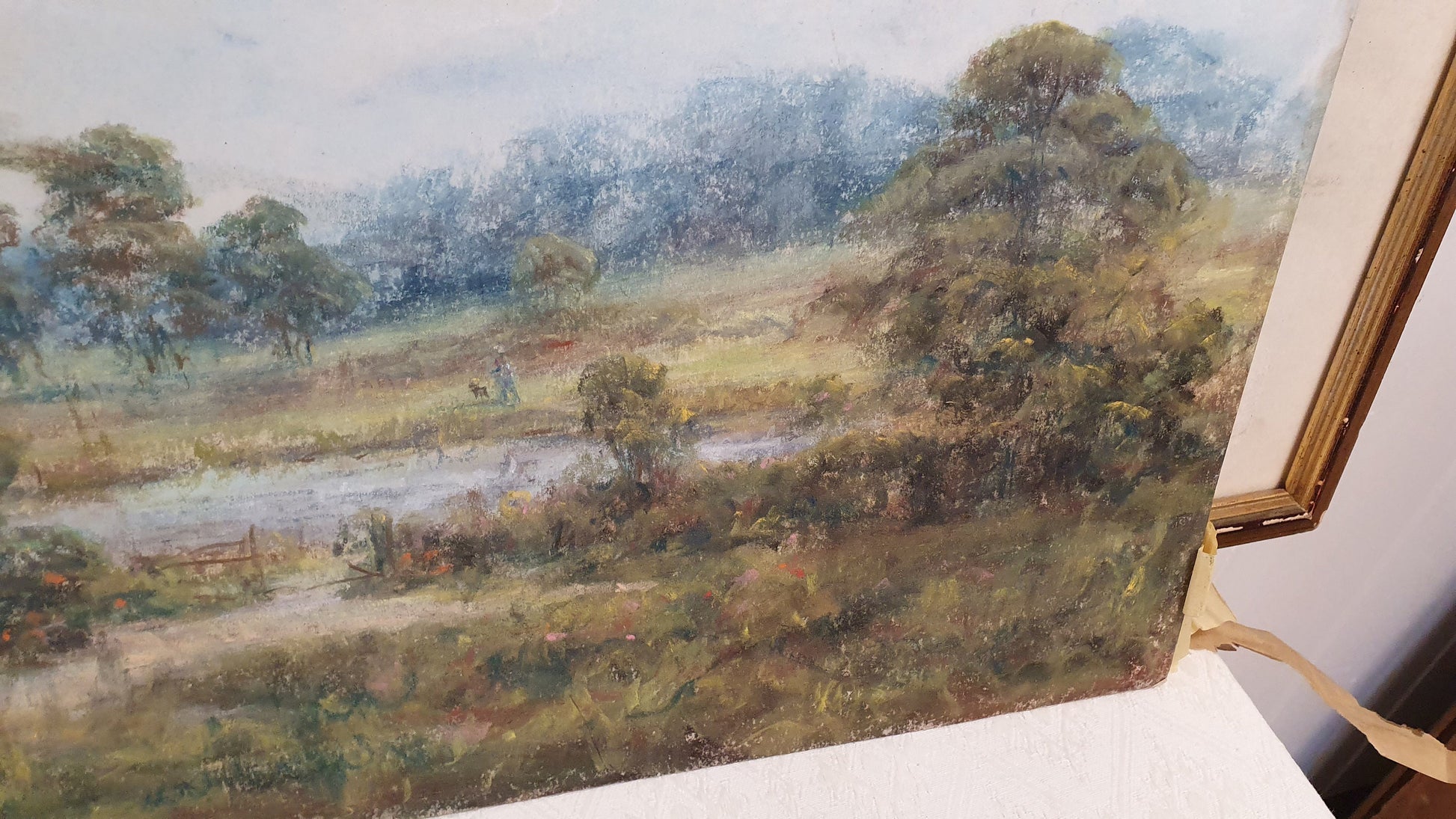 Large Vintage Original Oil Pastel Painting Landscape with Trees in Wooden Frame